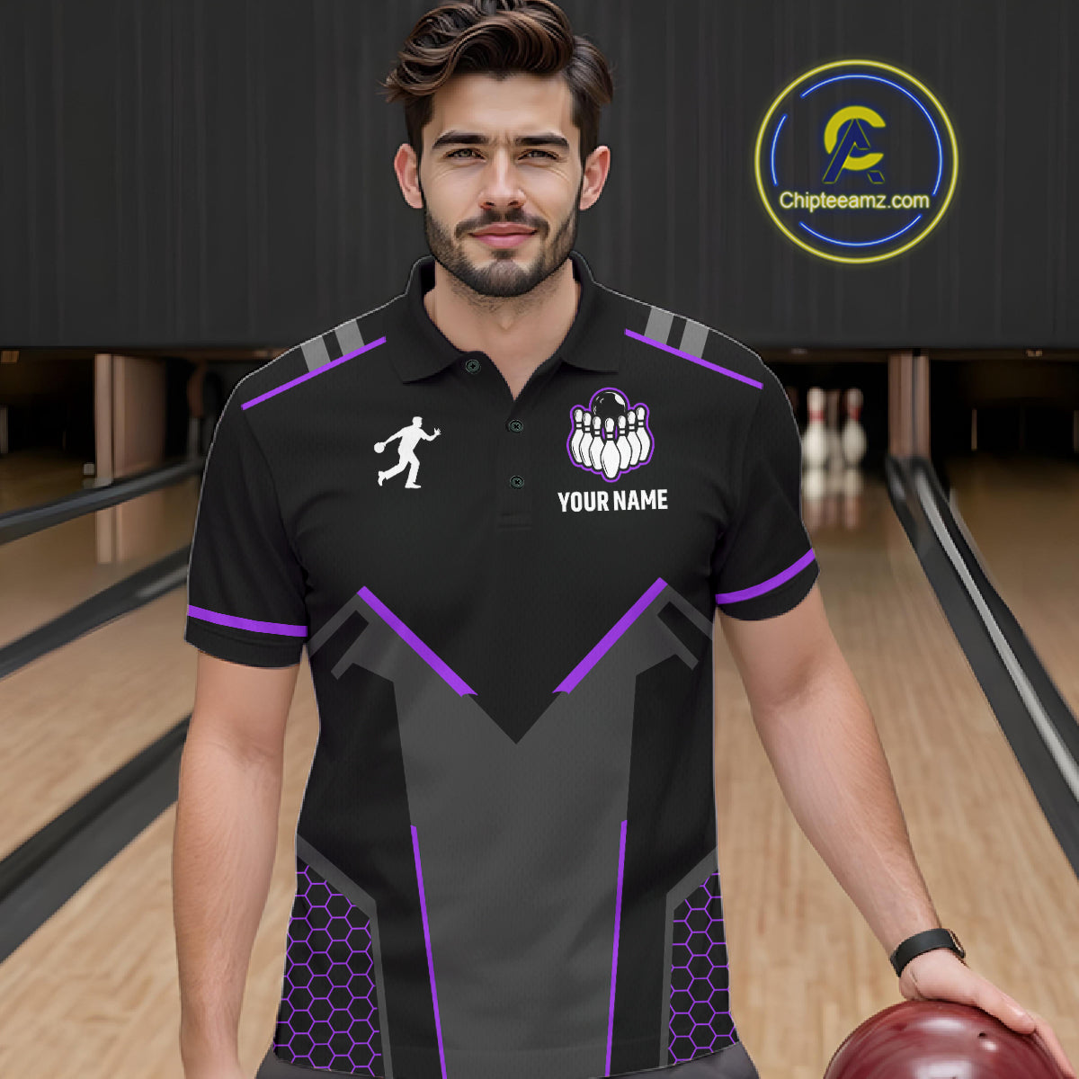 Personalized Bowling Jersey For Men, Custom Black And Purple Bowling Team Shirt Polo & 1/4 Zip TDM6547