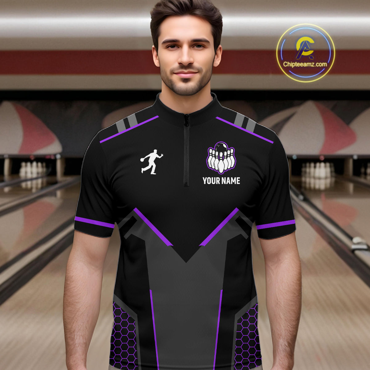 Personalized Bowling Jersey For Men, Custom Black And Purple Bowling Team Shirt Polo & 1/4 Zip TDM6547