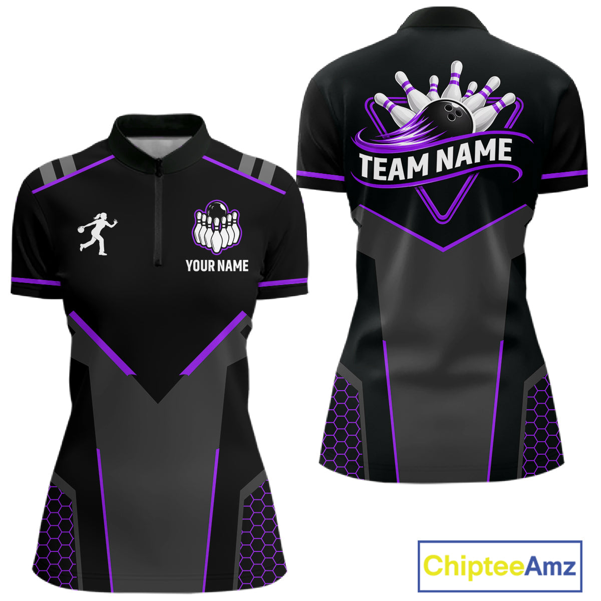 Personalized Bowling Jersey For Women, Custom Black And Purple Bowling Team Shirt Polo & 1/4 Zip TDM6547