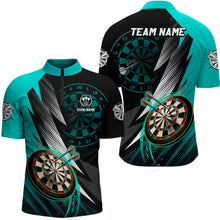 Load image into Gallery viewer, Personalized Turquoise Black Darts Polo &amp; 1/4 Zip Shirt Custom Cool Dart Shirts For Men Dart Jersey TDM3014