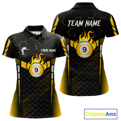 Personalized Yellow 9 Ball Flame Billiard Polo & Quarter Zip For Women, 9 Ball Pool Team Jersey TDM6127