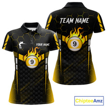 Load image into Gallery viewer, Personalized Yellow 9 Ball Flame Billiard Polo &amp; Quarter Zip For Women, 9 Ball Pool Team Jersey TDM6127
