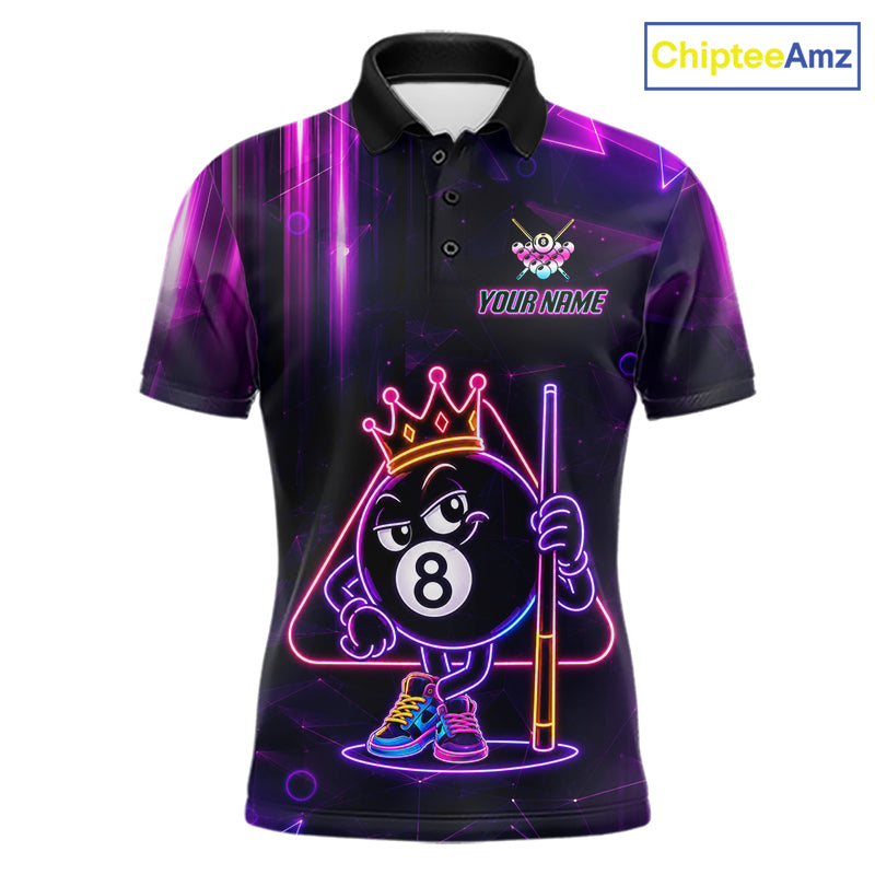 Purple Funny Neon 8 Ball Pool Billiard Polo Shirt Featuring Bold Neon Artwork for Custom League Team Jerseys, Tournament Competition, and Pool Players