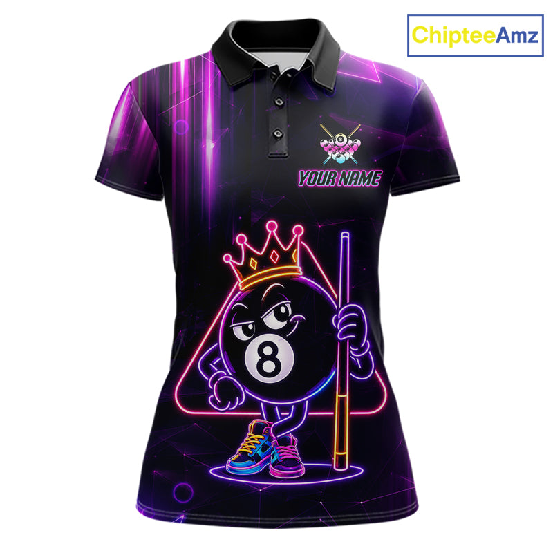 Purple Funny Neon 8 Ball Pool Billiard Polo Shirt Featuring Bold Neon Artwork for Custom League Team Jerseys, Tournament Competition, and Pool Players