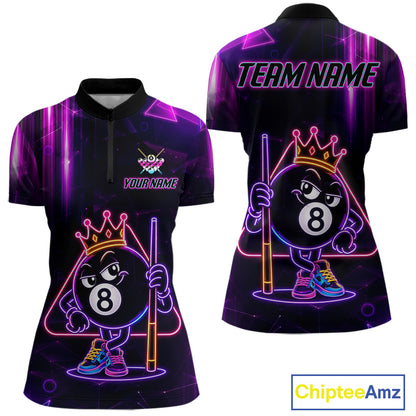 Purple Funny Neon 8 Ball Pool Quarter Zip Billiard Shirt Created for Competitive Pool League Players with Custom Team Jersey Design