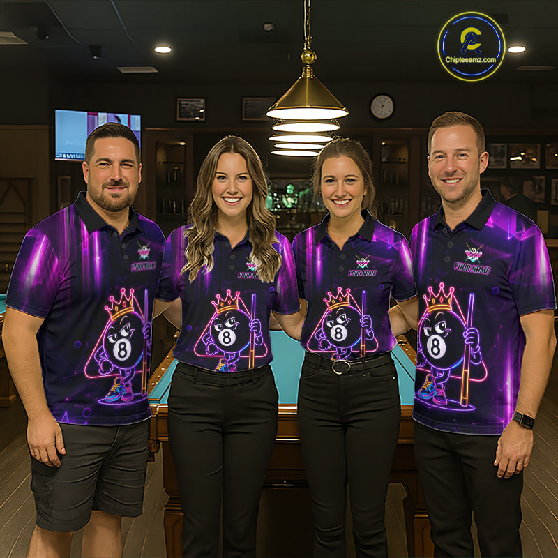 Pool Team Wearing Purple Funny Neon 8 Ball Billiard Jerseys During League Matches and Tournament Competition, Front View