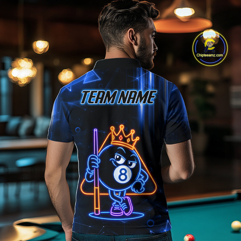 Man Wearing Personalized Blue Funny Neon 8 Ball Custom Billiard Team Jersey Featuring the Complete Rear Artwork and Personalized Details, Back View