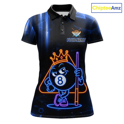 Personalized Blue Funny Neon 8 Ball Pool Billiard Polo Shirt Featuring Bright Neon Artwork for Custom Team Jerseys, League Competition, and Tournament Play
