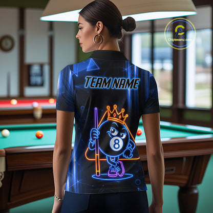 Woman Wearing Personalized Blue Funny Neon 8 Ball Custom Billiard Team Jersey Featuring the Complete Rear Artwork and Personalized Details, Back View