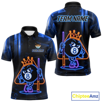 Custom Blue Funny Neon 8 Ball Pool Polo Shirt Designed for Personalized Billiard Team Jerseys with Vibrant Graphics and Athletic Performance Style