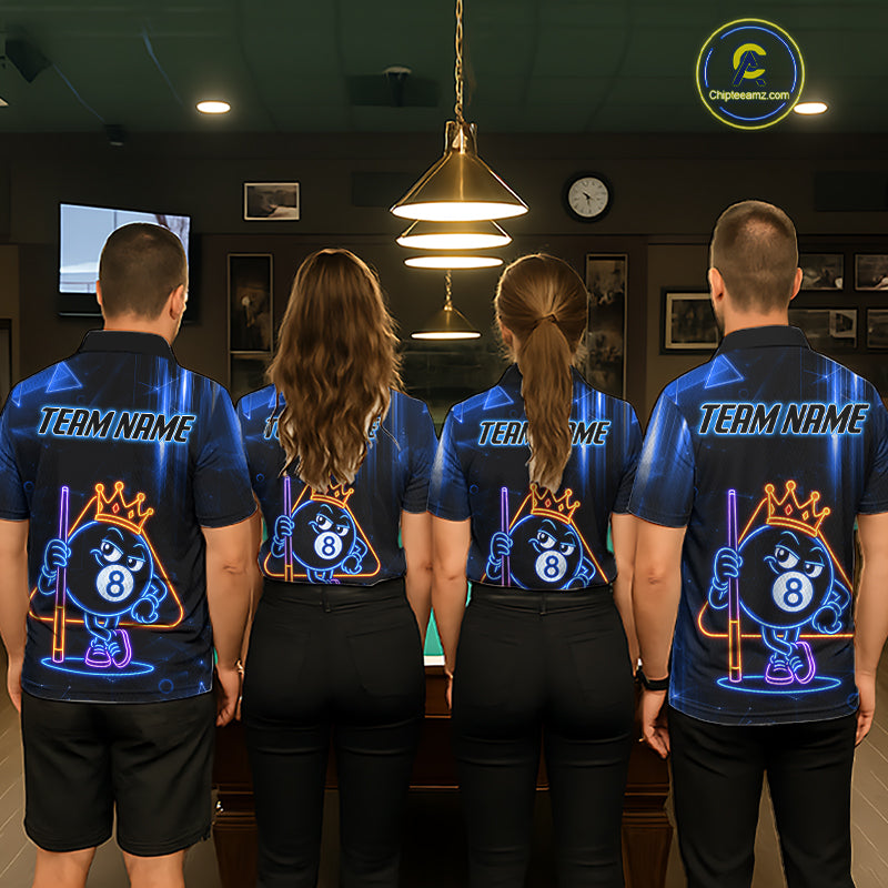 Pool Team Wearing Personalized Blue Funny Neon 8 Ball Custom Billiard Team Jerseys Featuring the Full Back Graphic Design, Back View