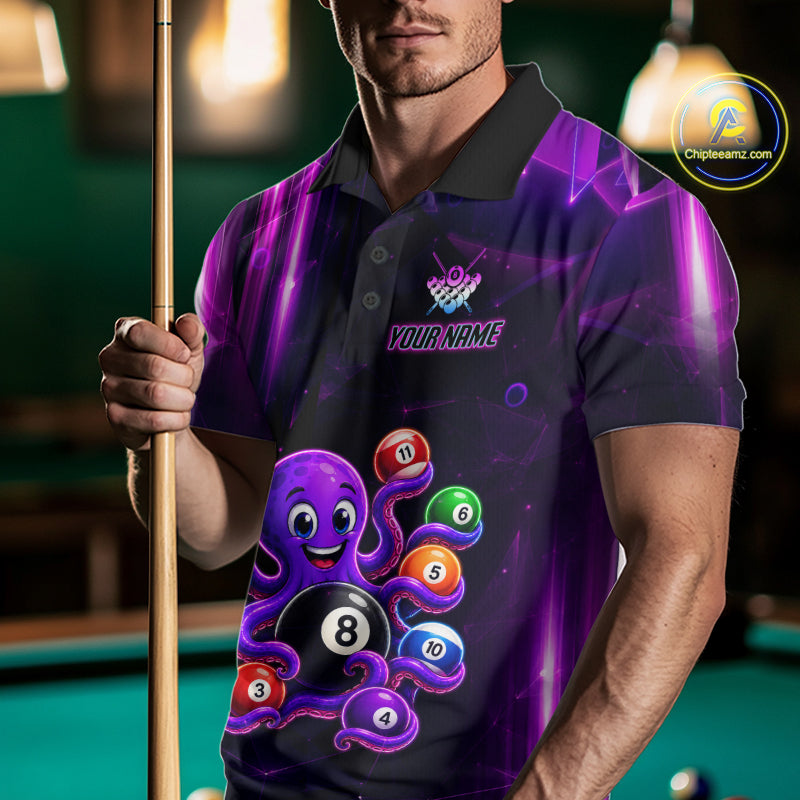 Man Wearing Purple Funny Neon Octopus 8 Ball Pool Billiard Polo Shirt with Athletic Performance Fit and Vibrant Neon Graphic Artwork, Front View