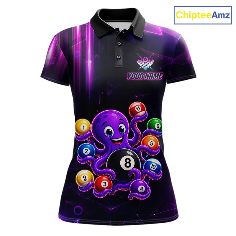 Purple Funny Neon Octopus 8 Ball Pool Billiard Polo Shirt Featuring Vibrant Neon Artwork for Custom Pool League Team Jerseys and Tournament Competition