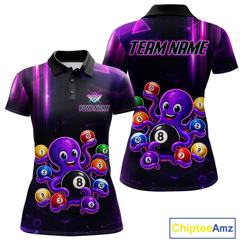 Custom Purple Funny Neon Octopus 8 Ball Pool Polo Shirt Designed for Billiard League Players with Eye Catching Neon Graphics and Athletic Performance Style