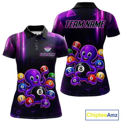 Custom Purple Funny Neon Octopus 8 Ball Pool Polo Shirt Designed for Billiard League Players with Eye Catching Neon Graphics and Athletic Performance Style