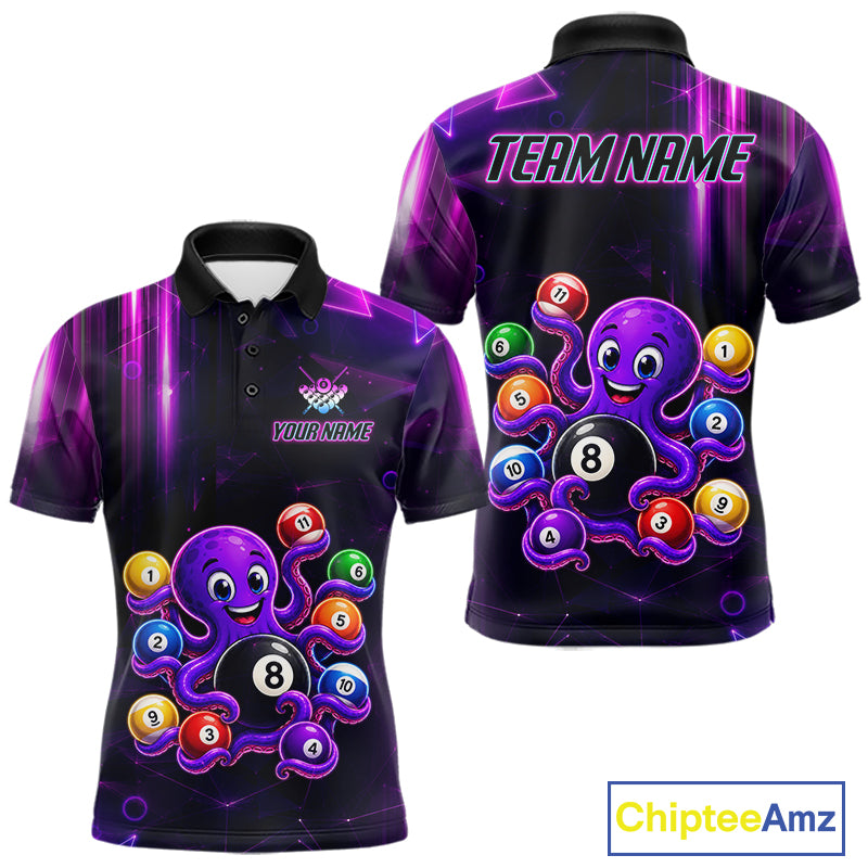 Custom Purple Funny Neon Octopus 8 Ball Pool Polo Shirt Designed for Billiard League Teams with Eye Catching Neon Graphics and Athletic Performance Style