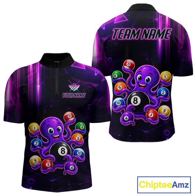 Purple Funny Neon Octopus 8 Ball Pool Quarter Zip Billiard Shirt Created for Pool League Players with Bold Neon Artwork and Custom Team Jersey Design