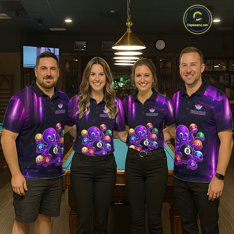 Pool Team Wearing Purple Funny Neon Octopus 8 Ball Billiard Jerseys During League Competition and Tournament Matches, Front View