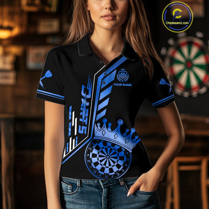 Black And Blue Funny Crown Darts Shirt Polo & 1/4 Zip For Women Custom Darts League Team Jersey TDM4823