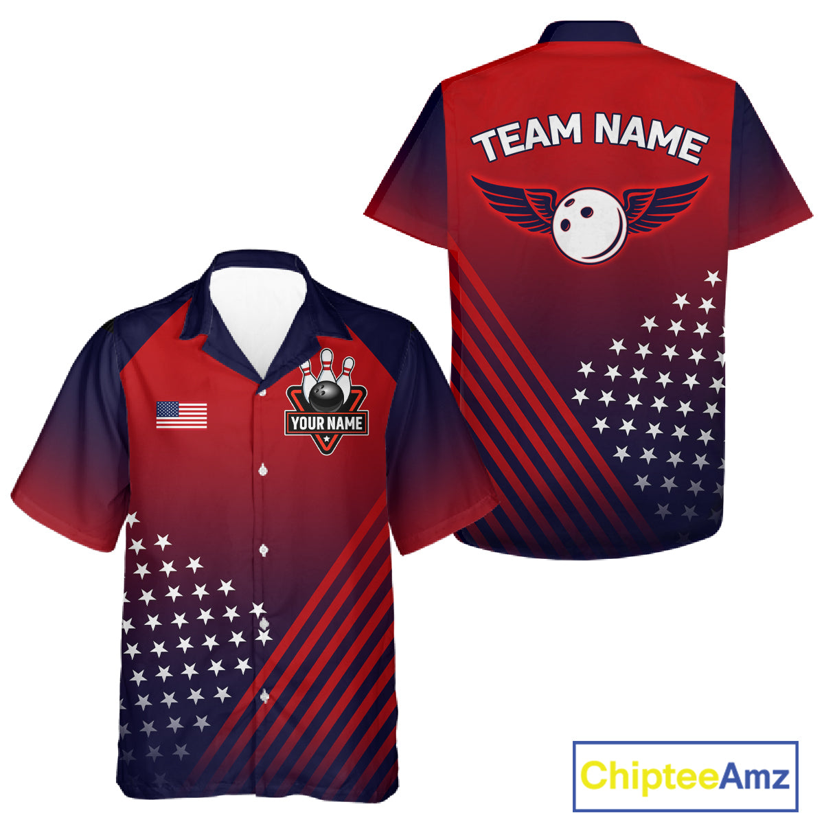 American Flag Hawaiian Bowling Shirt For Men Women Custom Patriotic Bowling Team Jersey |Red TDM5970