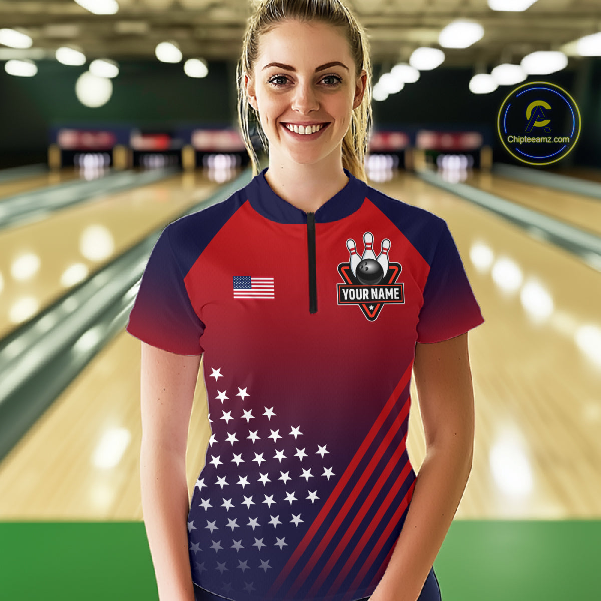 American Flag Bowling Jersey For Women Custom Patriotic Bowling Shirt Team Polo & 1/4 Zip |Red TDM5970