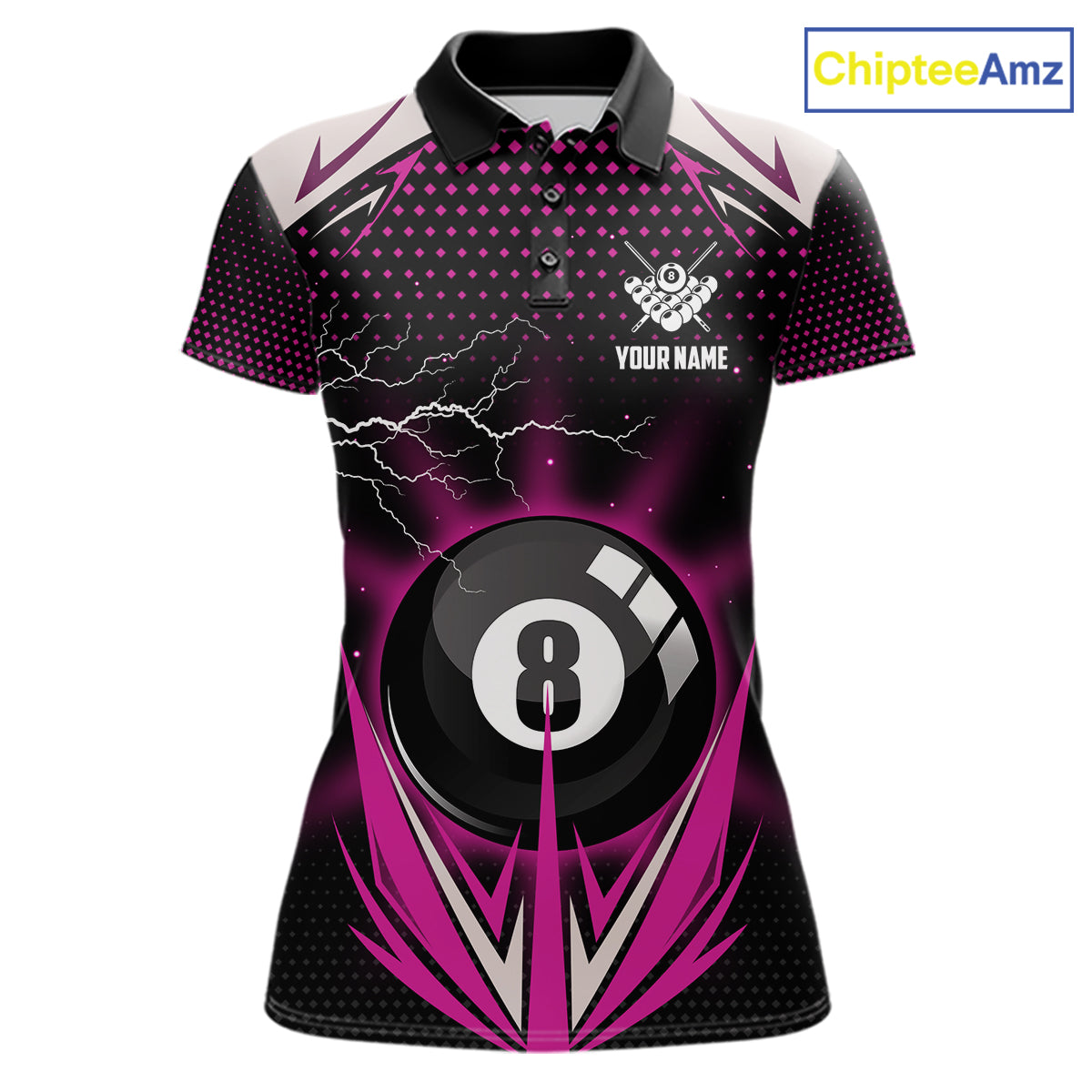 Pink 8 Ball Pool Billiard Jersey For Women Custom Lightning Billiard Team Shirt Polo & Quarter Zip TDM6134
