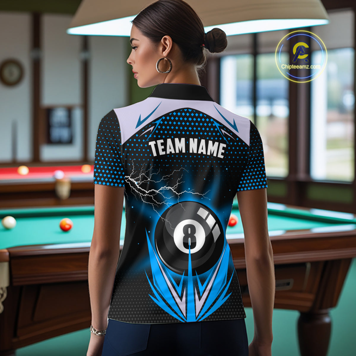 Blue 8 Ball Pool Billiard Jersey For Women Custom Lightning Billiard Team Shirt Polo & Quarter Zip TDM6135
