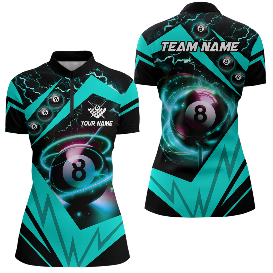 Turquoise 8 Ball Pool Billiard Jerseys Custom Women Quarter-Zip Team League Billiard Shirts TDM1487