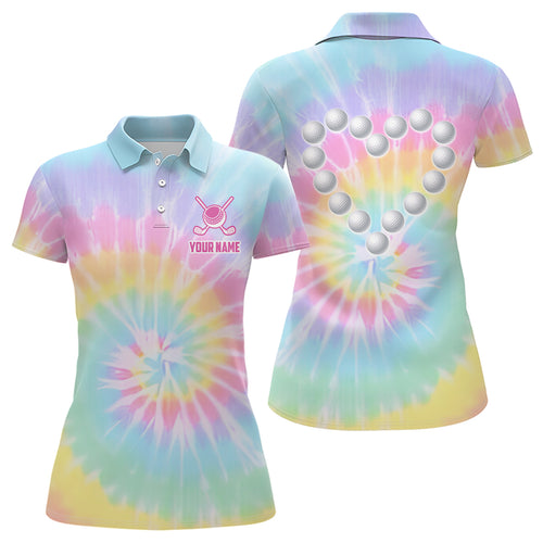 Colorful Tie Dye Womens Golf Polo Shirt Custom Golf Ball With Heart Golf Outfit For Ladies, Golf Gift TDM1865