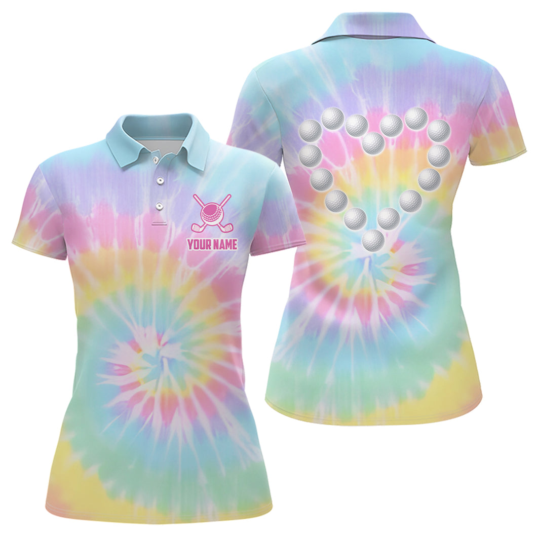 Colorful Tie Dye Womens Golf Polo Shirt Custom Golf Ball With Heart Golf Outfit For Ladies, Golf Gift TDM1865