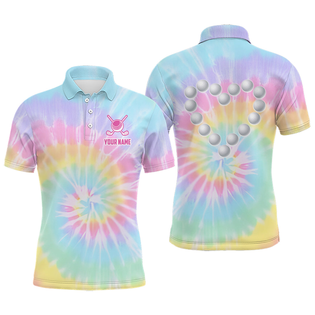 Colorful Tie Dye Mens Golf Polo Shirt Custom Golf Ball With Heart Golf Outfit For Men, Golf Gift TDM1865