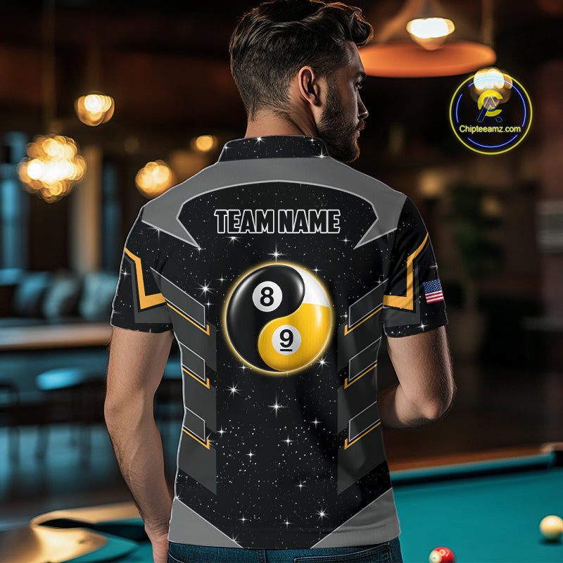 Man Wearing Personalized Yin and Yang 8 Ball 9 Ball Custom Billiard League Team Jersey Featuring the Complete Rear Graphic Design, Back View