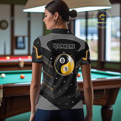 Woman Wearing Personalized Yin and Yang 8 Ball 9 Ball Custom Billiard League Team Jersey Featuring the Complete Rear Graphic Design, Back View