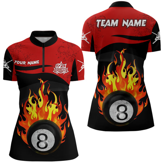Personalized 8 Ball Pool Flame Black Red Quarter-Zip Shirts For Women Best Billiard Attire TDM0398