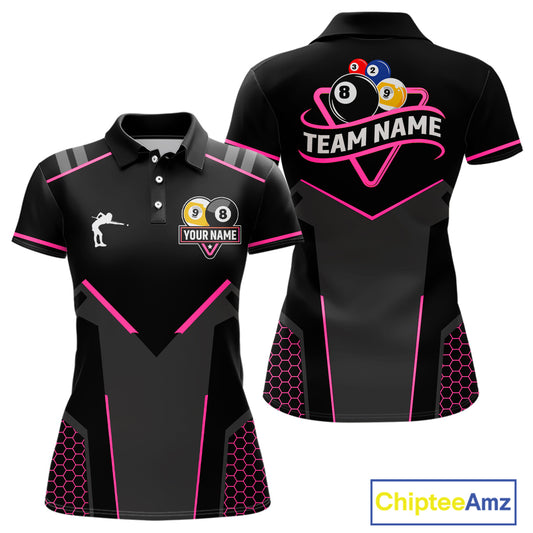 Personalized 8 Ball & 9 Ball Pool Billiard Polo, 1/4 Zip For Women Custom Team Billiard Jersey|Pink TDM4048