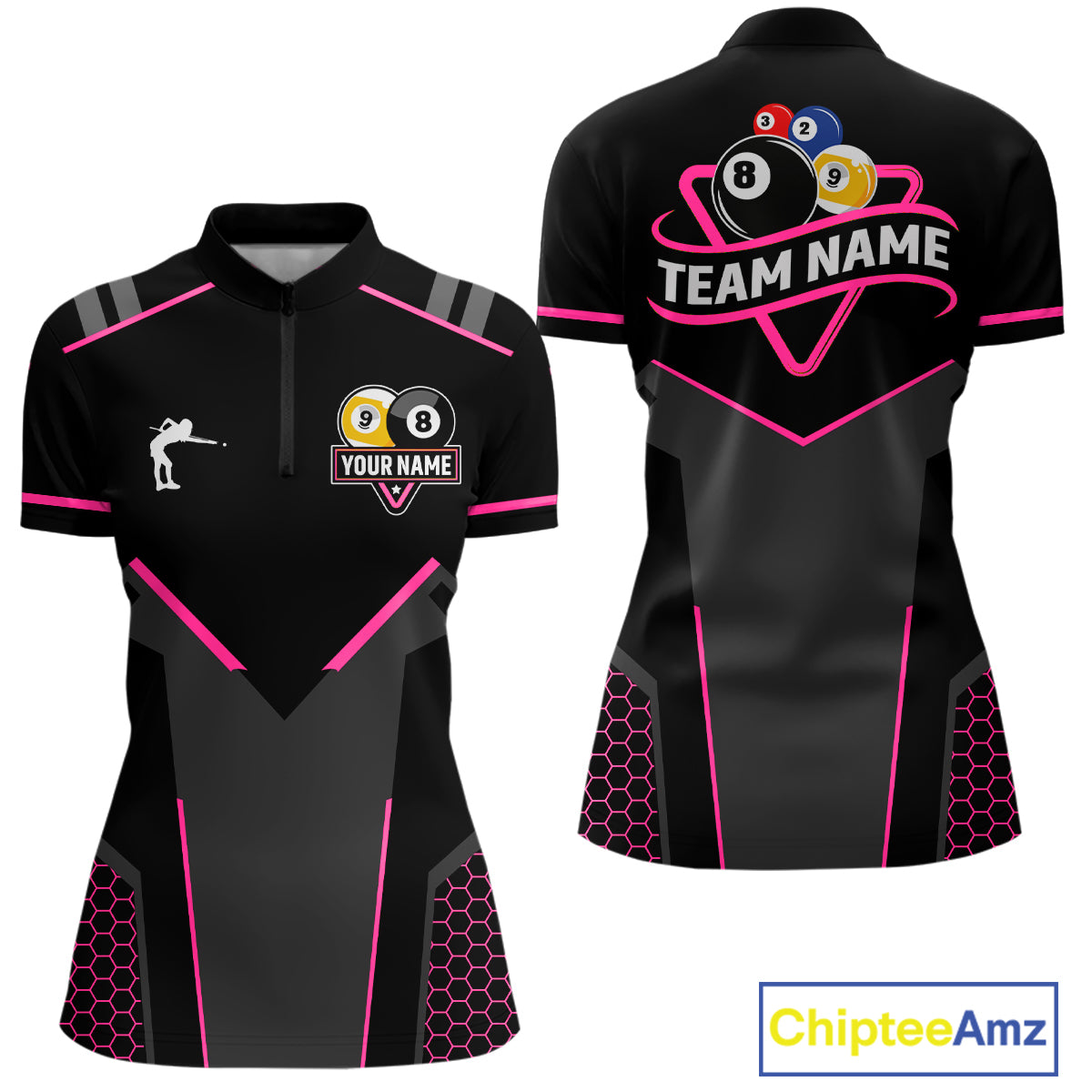 Personalized 8 Ball & 9 Ball Pool Billiard Polo, 1/4 Zip For Women Custom Team Billiard Jersey|Pink TDM4048