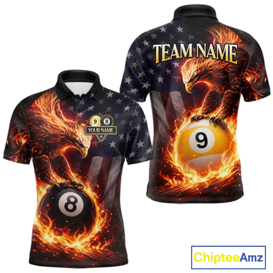 American Flag Flame 8 Ball & 9 Ball Eagle Billiard Shirt For Men Custom Patriotic Pool Team Jersey TDM5789