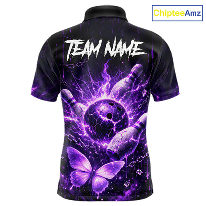 Personalized Purple Butterfly Skull Bowling Shirt For Men Custom Bowling Jersey Polo & 1/4 Zip TDM6383