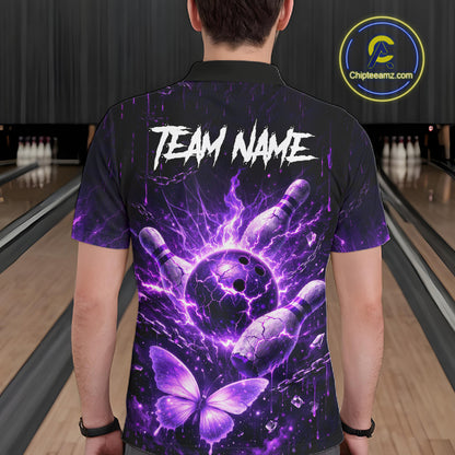 Personalized Purple Butterfly Skull Bowling Shirt For Men Custom Bowling Jersey Polo & 1/4 Zip TDM6383