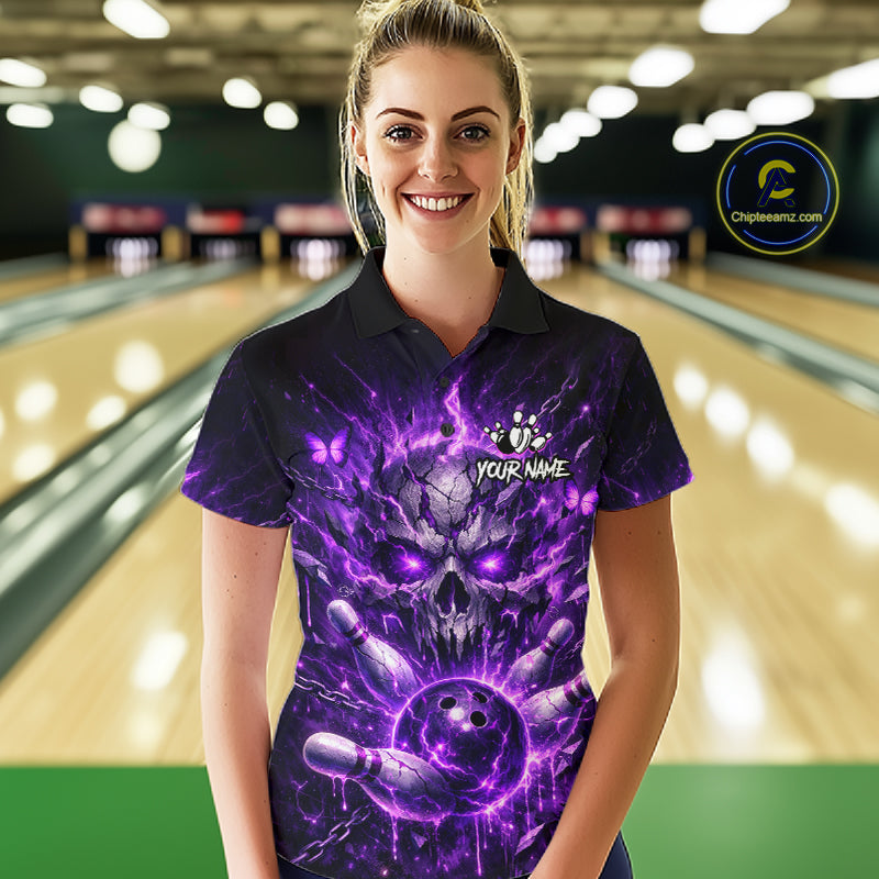 Personalized Purple Butterfly Skull Bowling Shirt For Women Custom Bowling Jersey Polo & 1/4 Zip TDM6383