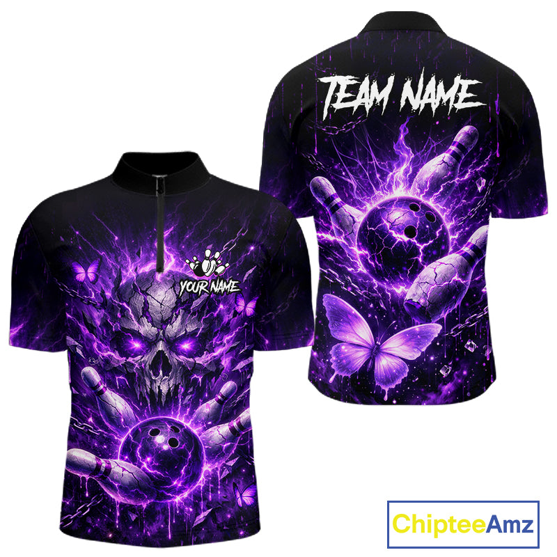 Personalized Purple Butterfly Skull Bowling Shirt For Men Custom Bowling Jersey Polo & 1/4 Zip TDM6383