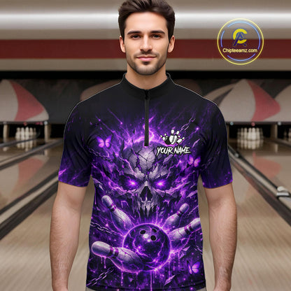 Personalized Purple Butterfly Skull Bowling Shirt For Men Custom Bowling Jersey Polo & 1/4 Zip TDM6383