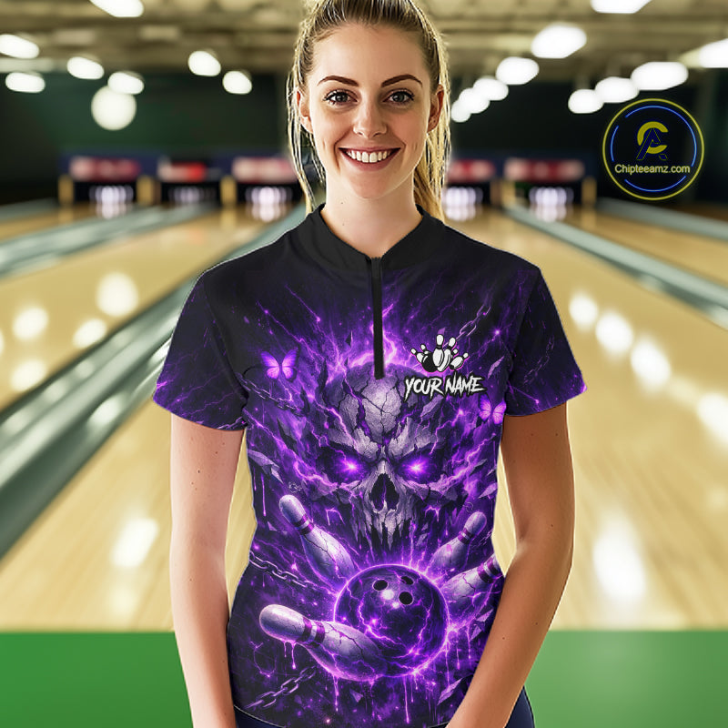 Personalized Purple Butterfly Skull Bowling Shirt For Women Custom Bowling Jersey Polo & 1/4 Zip TDM6383