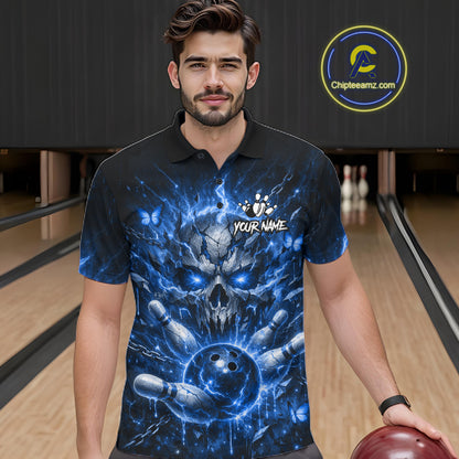 Personalized Blue Butterfly Skull Bowling Shirt For Men Custom Bowling Jersey Polo & 1/4 Zip TDM6384