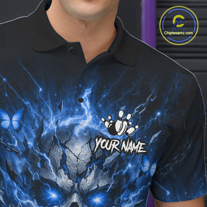 Personalized Blue Butterfly Skull Bowling Shirt For Men Custom Bowling Jersey Polo & 1/4 Zip TDM6384