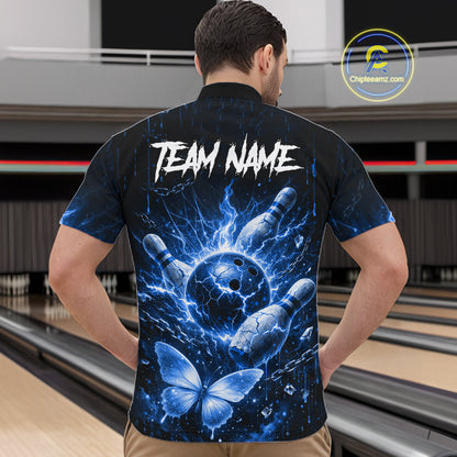 Personalized Blue Butterfly Skull Bowling Shirt For Men Custom Bowling Jersey Polo & 1/4 Zip TDM6384