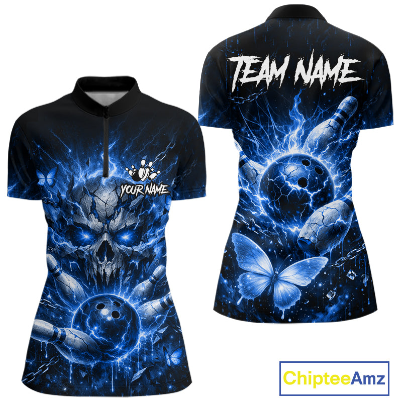 Personalized Blue Butterfly Skull Bowling Shirt For Women Custom Bowling Jersey Polo & 1/4 Zip TDM6384