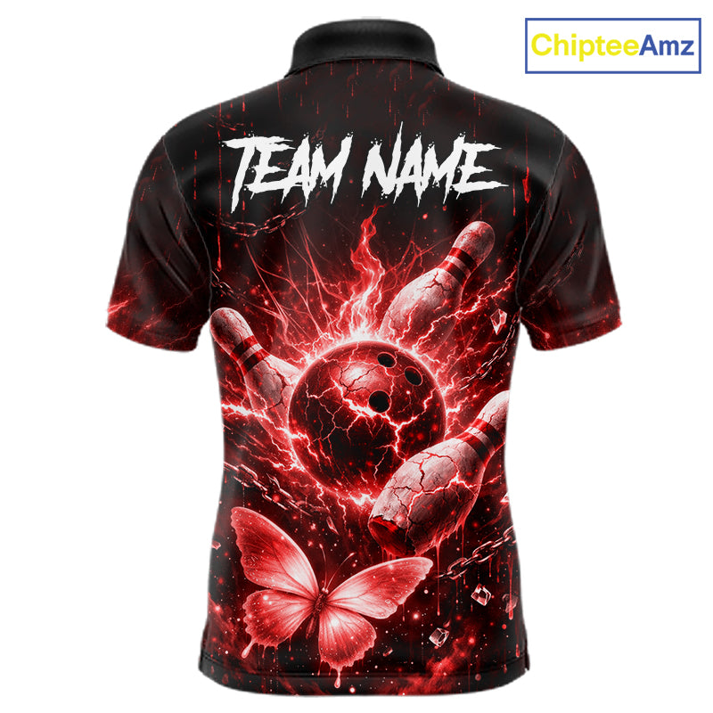 Personalized Red Butterfly Skull Bowling Shirt For Men Custom Bowling Jersey Polo & 1/4 Zip TDM6385