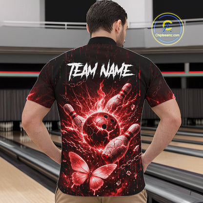 Personalized Red Butterfly Skull Bowling Shirt For Men Custom Bowling Jersey Polo & 1/4 Zip TDM6385