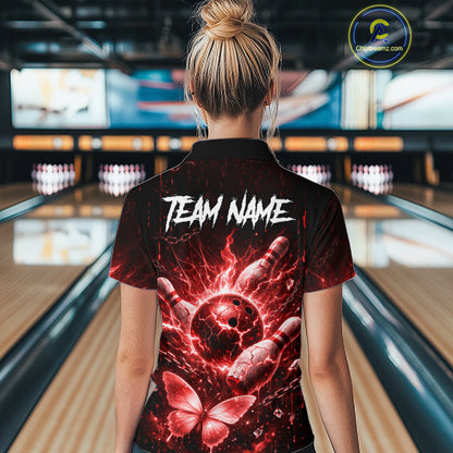 Personalized Red Butterfly Skull Bowling Shirt For Women Custom Bowling Jersey Polo & 1/4 Zip TDM6385